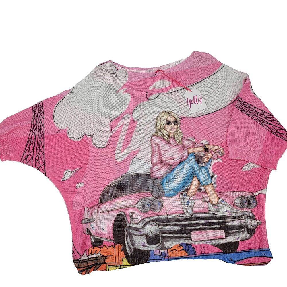Yolly Italy Womens L Barbie Pink Short Sleeve Open Knit Oversized Sweater NWT